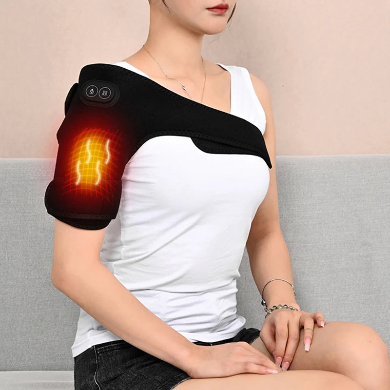 USB Electric Shoulder Brace Heated Knee Massager Vibration Massage Black Support Strap with Adjustable Three Levels of Heating