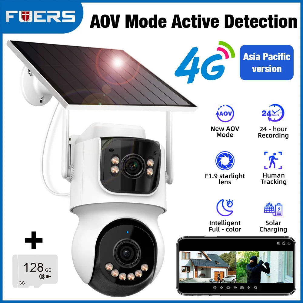 FUERS 4G WIFI Solar Camera AOV Dual Lens 4MP Dual Screen Wireless Outdoor Cameras ICSee APP Video Recording AI Auto Tracking