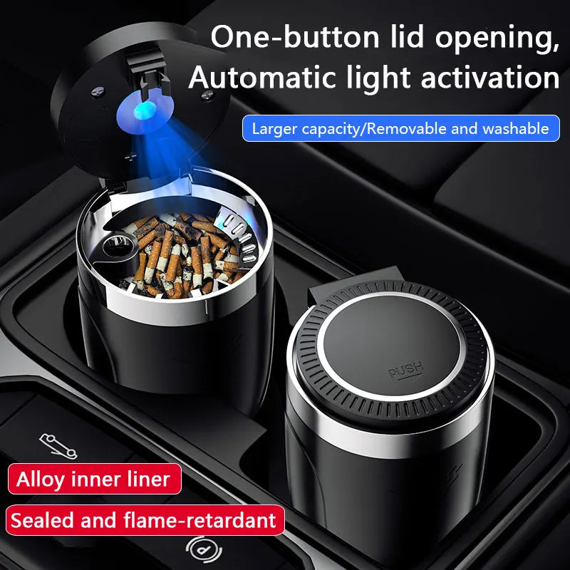 Portable Car Ashtray with Lid Smell Proof Alloy Inner Liner Led Portable Ashtray Cup for Auto Fireproof Shell One Touch Open