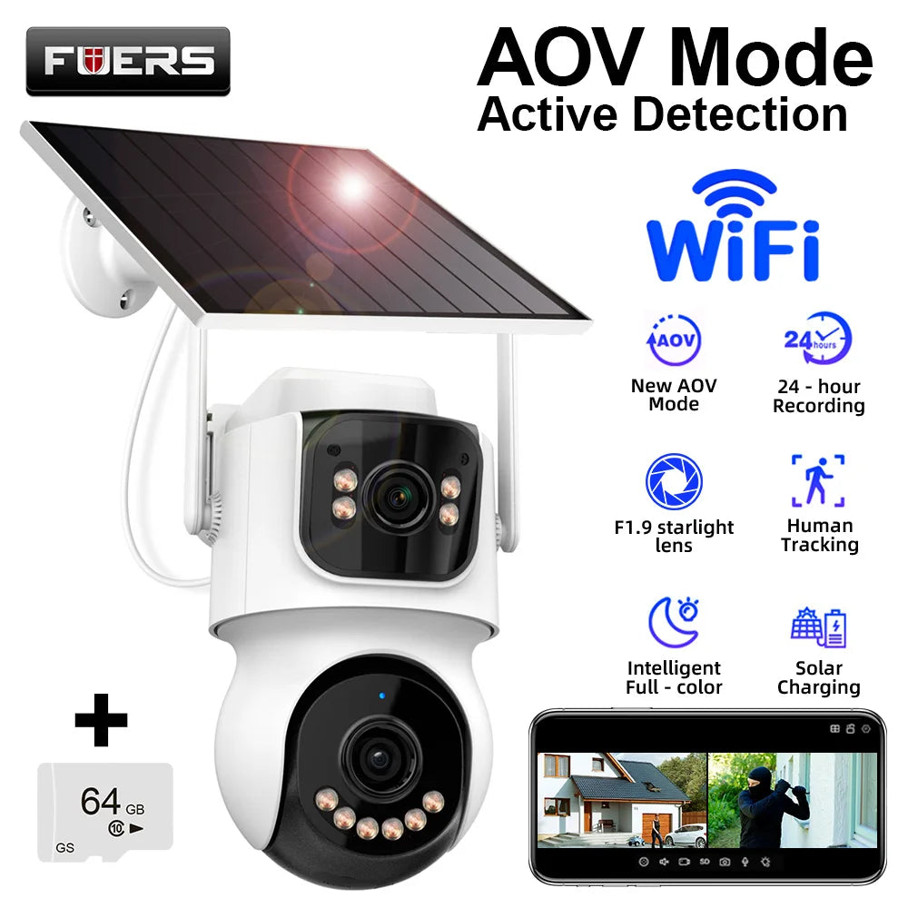 FUERS 4G WIFI Solar Camera AOV Dual Lens 4MP Dual Screen Wireless Outdoor Cameras ICSee APP Video Recording AI Auto Tracking