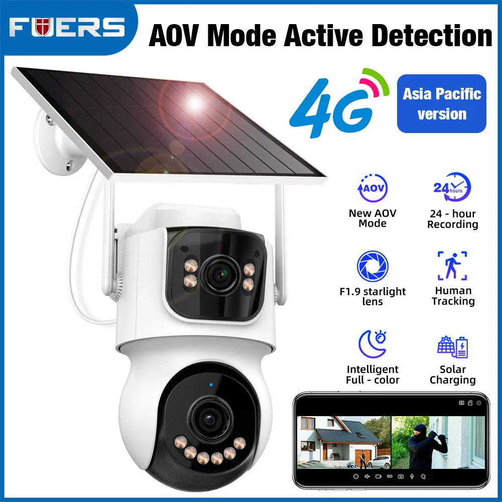 FUERS 4G WIFI Solar Camera AOV Dual Lens 4MP Dual Screen Wireless Outdoor Cameras ICSee APP Video Recording AI Auto Tracking