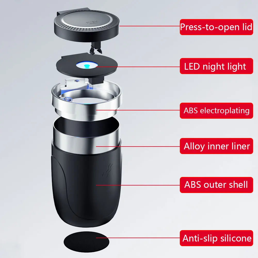 Portable Car Ashtray with Lid Smell Proof Alloy Inner Liner Led Portable Ashtray Cup for Auto Fireproof Shell One Touch Open